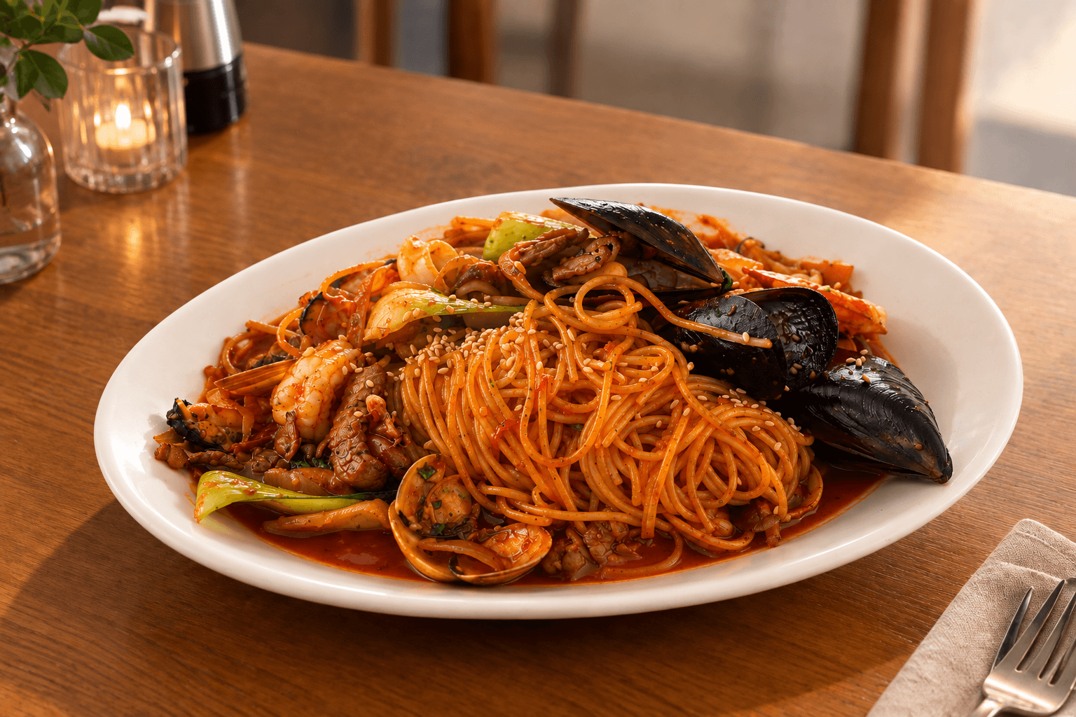 Oriental Spicy Pasta của PAPIS với hải sản và sốt cay đậm đà.